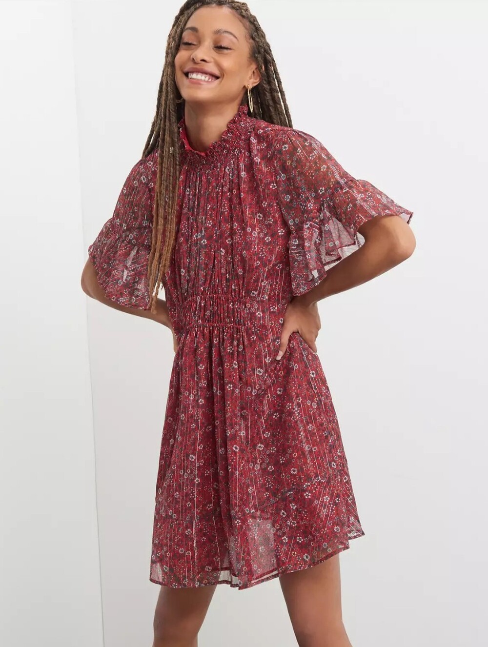 Ranna Gill Burgundy Floral Metallic Ruffle Sleeve Mini Dress Size M